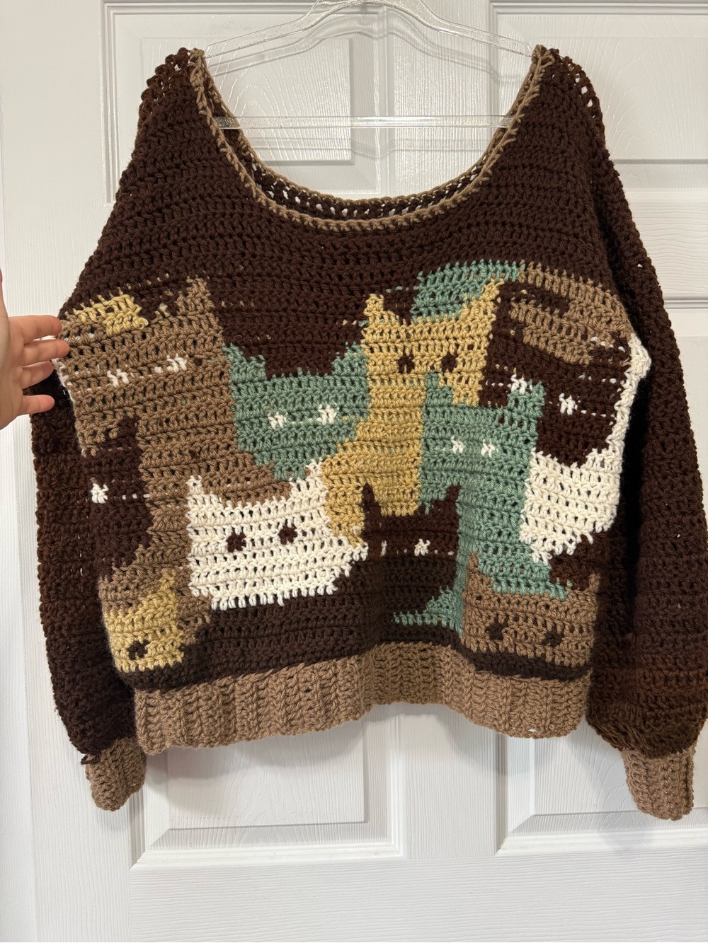 Handmade by my mom Crocheted Cat Sweater in Brown, Cream, Teal & Tan brand new - Picture 7 of 8